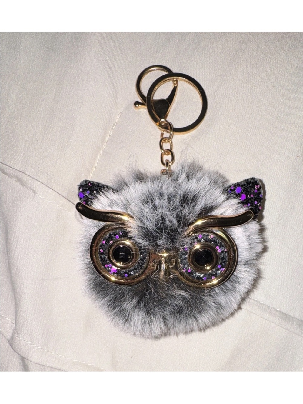Plush Owl Key & Card Holder Charm in Gray with Purple Accents